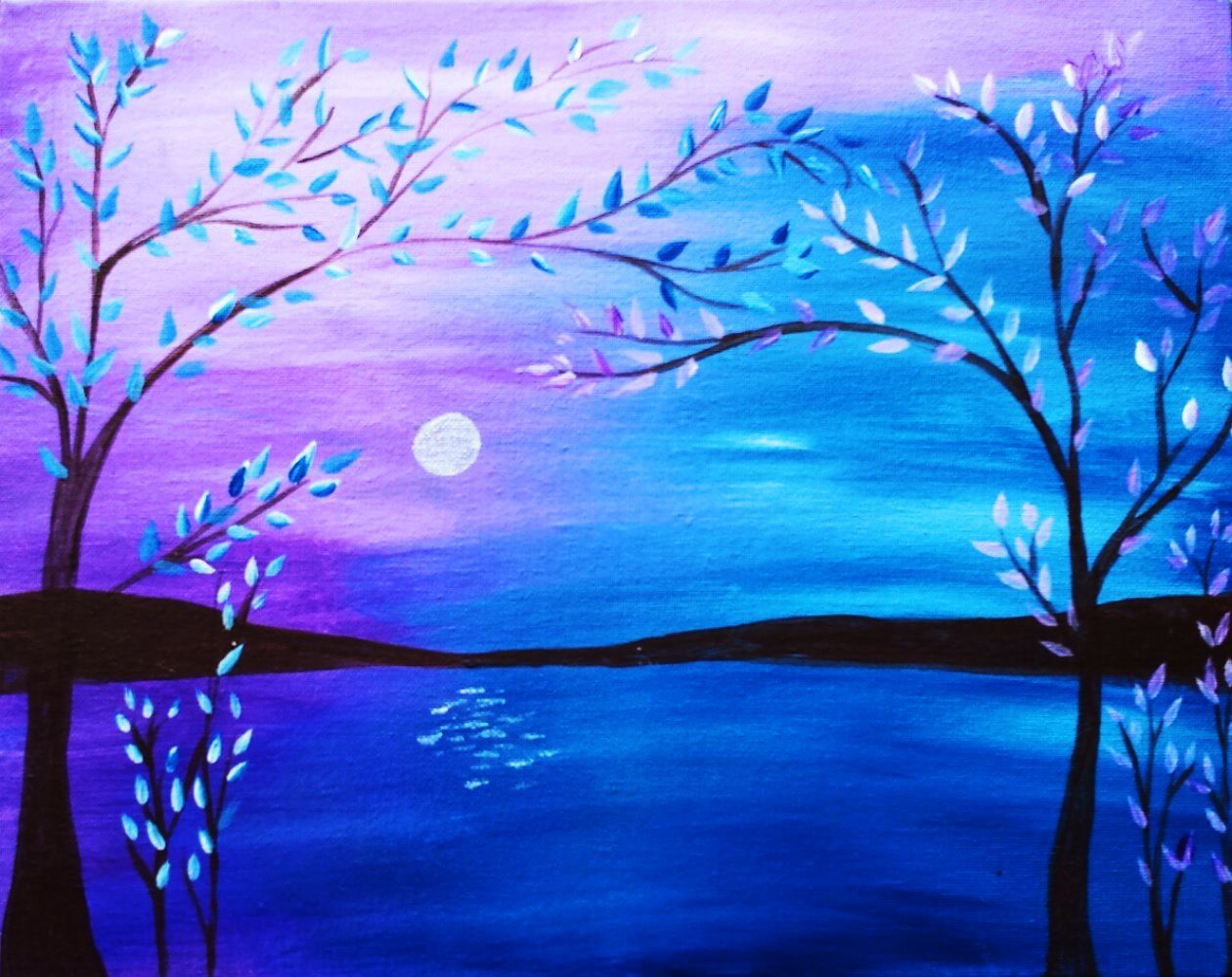 A painting of a lake with trees and a full moon