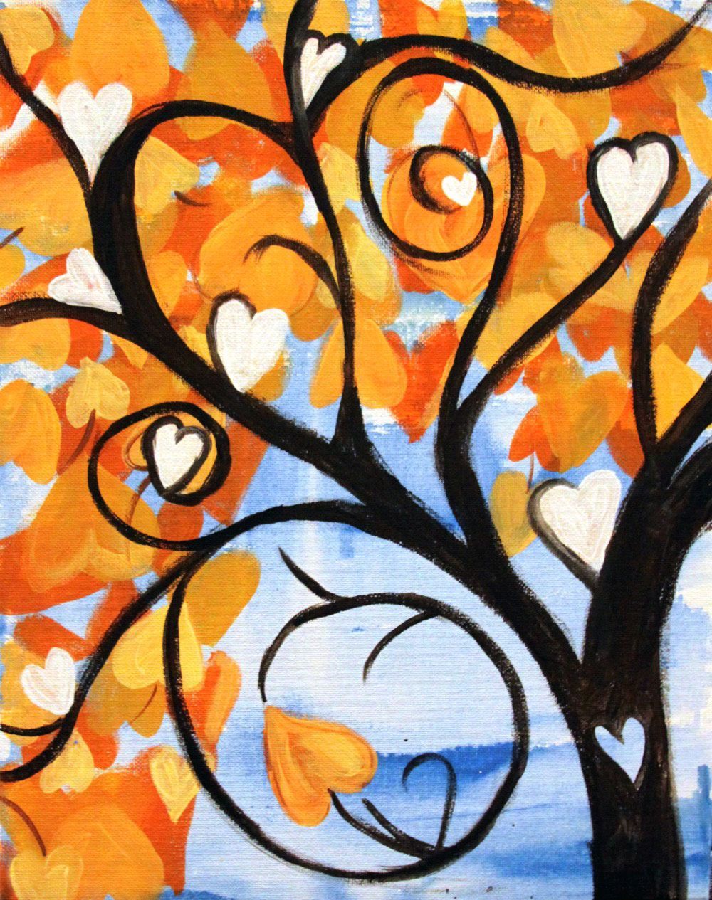 A painting of a tree with hearts on the branches