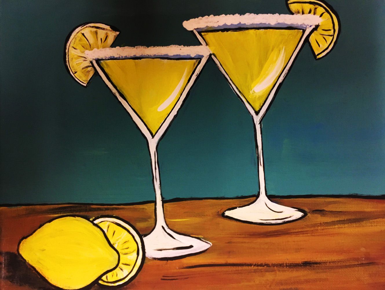 A painting of two martini glasses with lemon slices on a table
