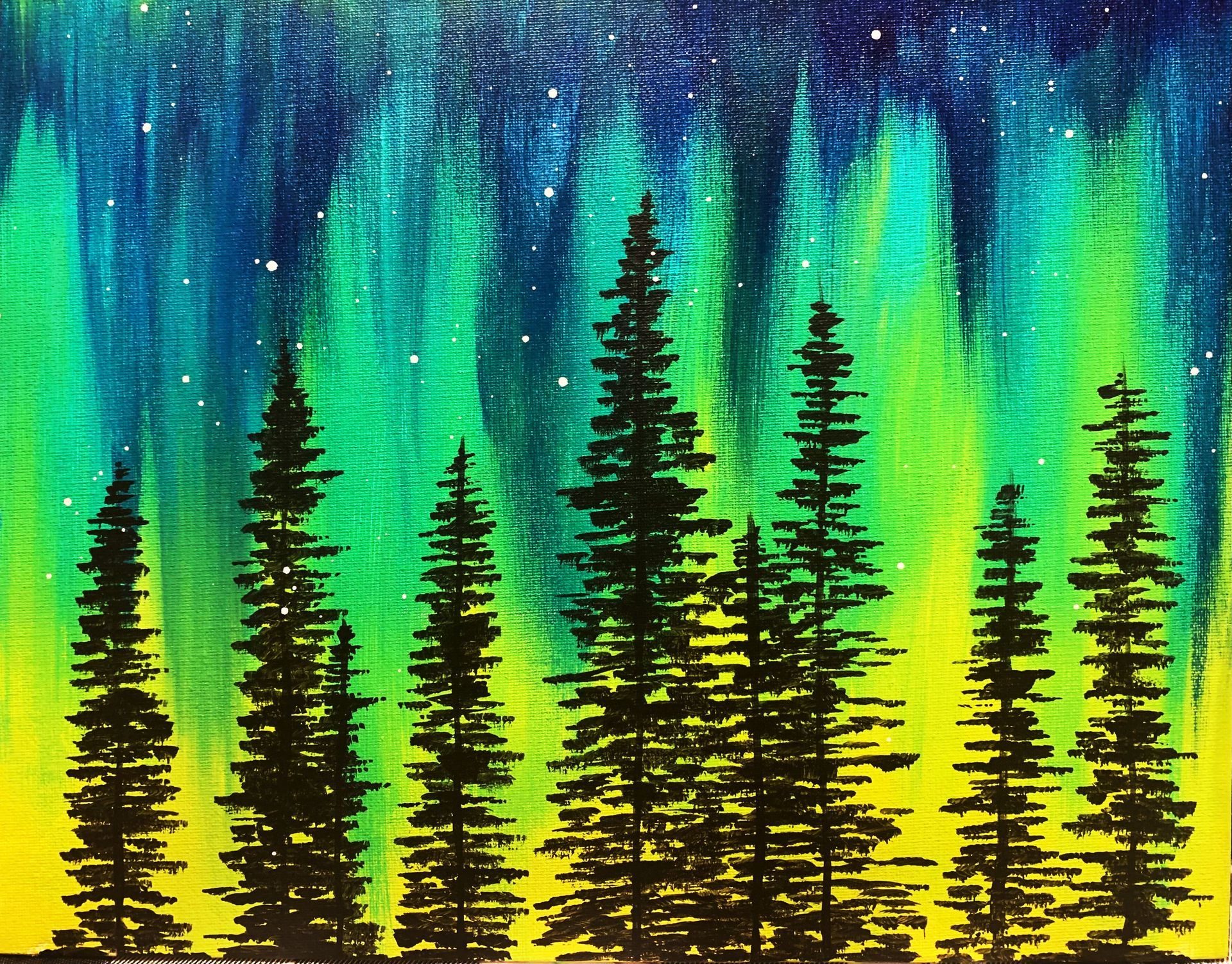 A painting of the aurora borealis with trees in the foreground