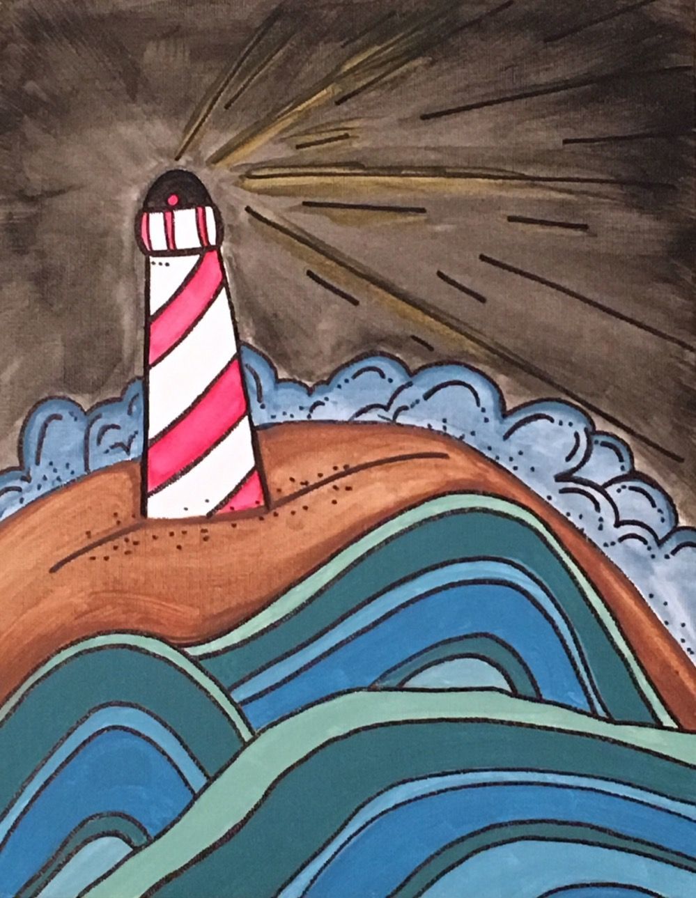 A drawing of a lighthouse in the middle of the ocean