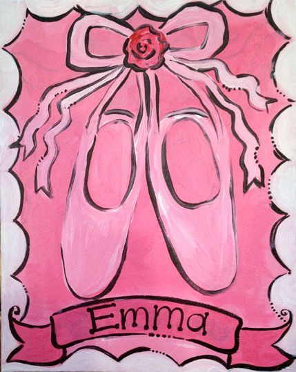 A painting of pink ballet shoes with a bow and the name emma
