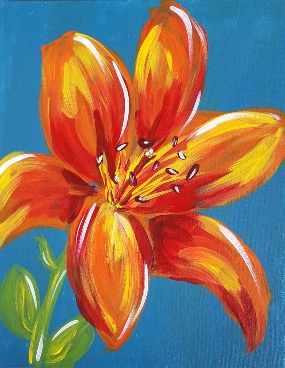 A painting of a red and yellow flower on a blue background