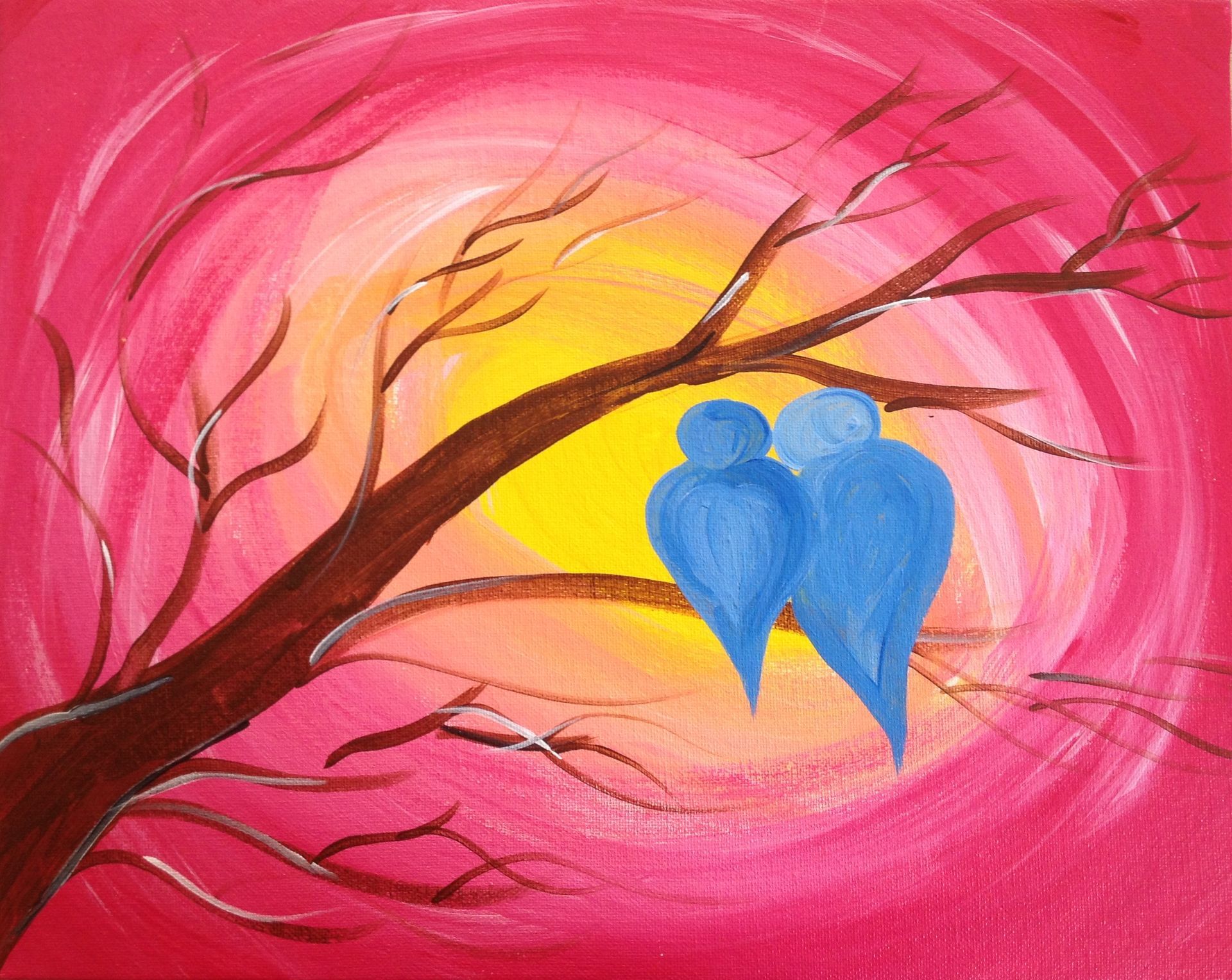 A painting of two blue birds sitting on a tree branch