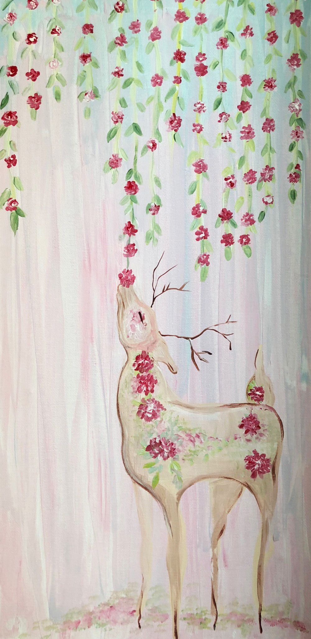 A painting of a deer with flowers on its antlers.