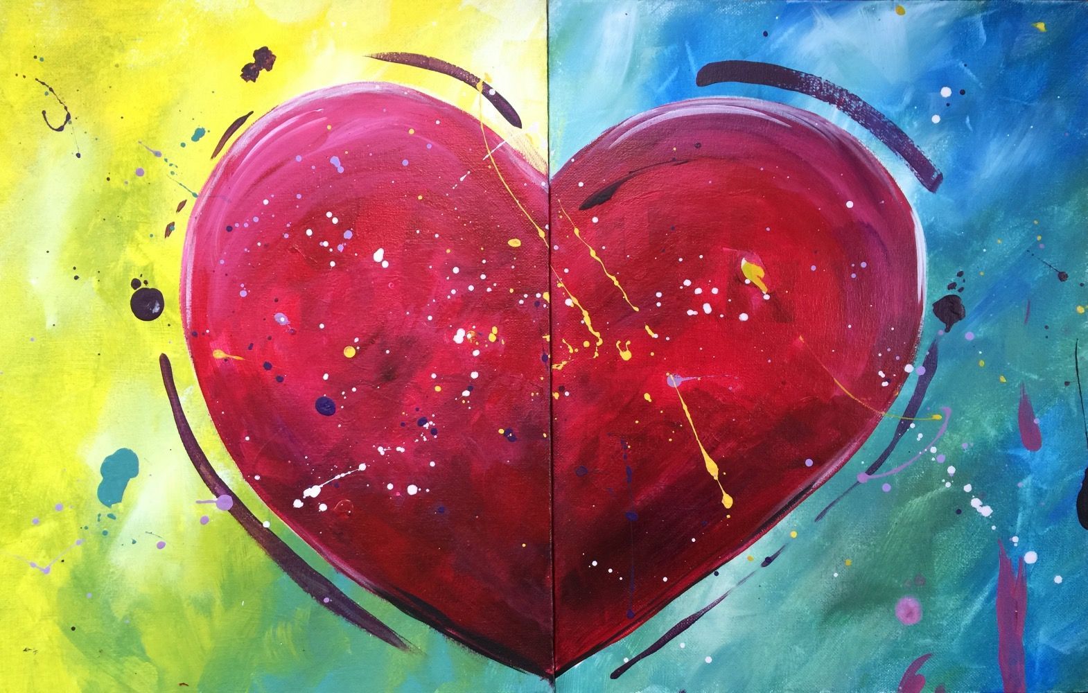 A painting of a red heart on a yellow and blue background.
