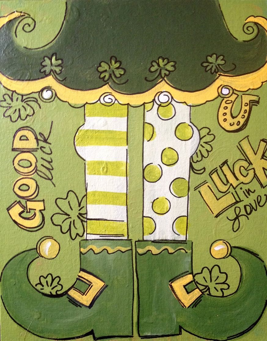 A drawing of a leprechaun says good luck and luck in love