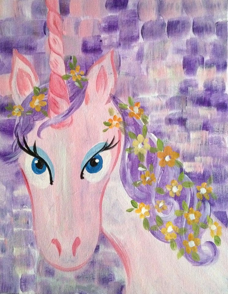A painting of a unicorn with flowers in its mane.
