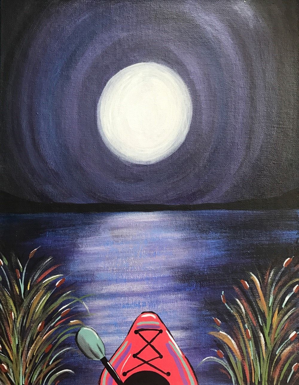 A painting of a kayak with a full moon in the background