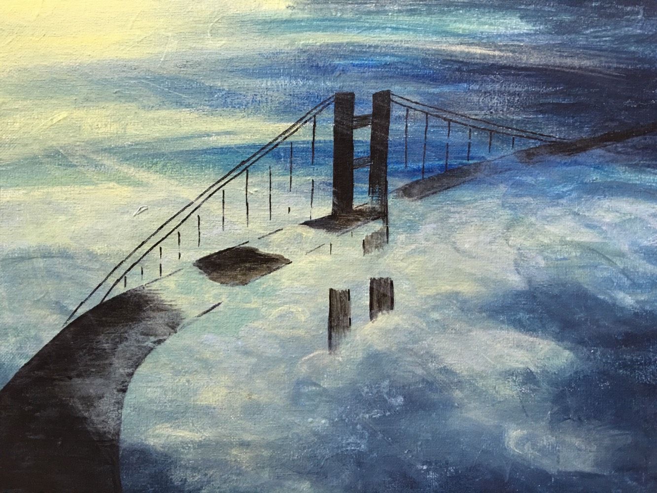 A painting of a bridge over a body of water.