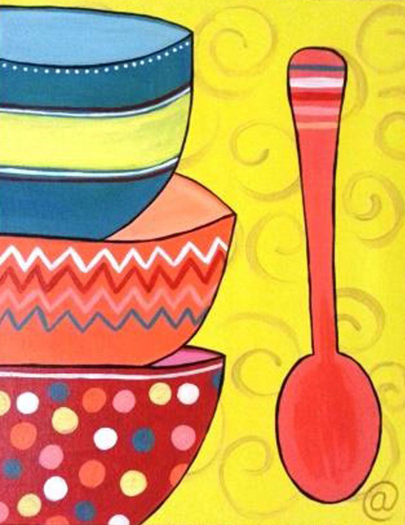 A stack of bowls and a red spoon on a yellow background