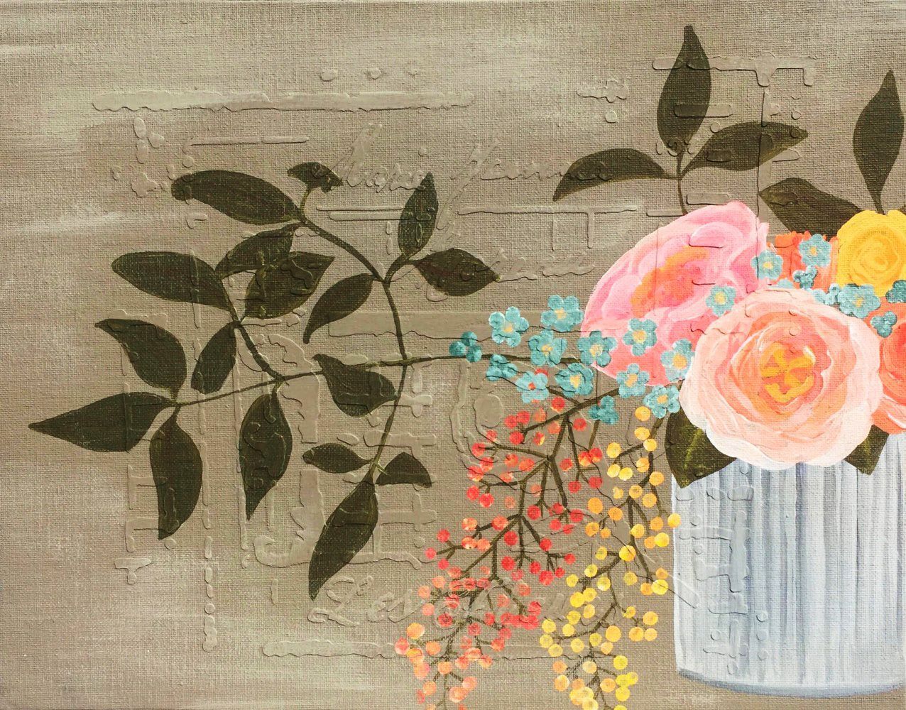A painting of flowers in a vase with a brick wall in the background