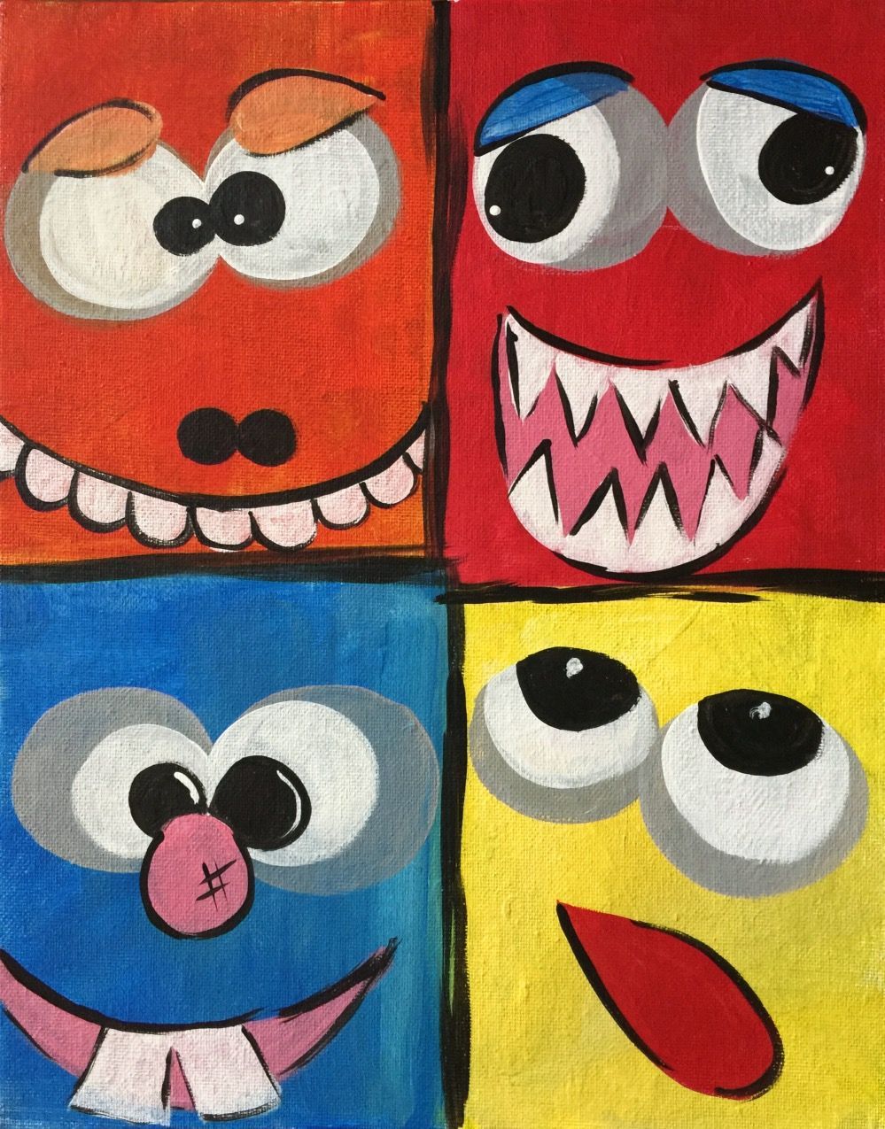 A painting of four squares with cartoon faces on them