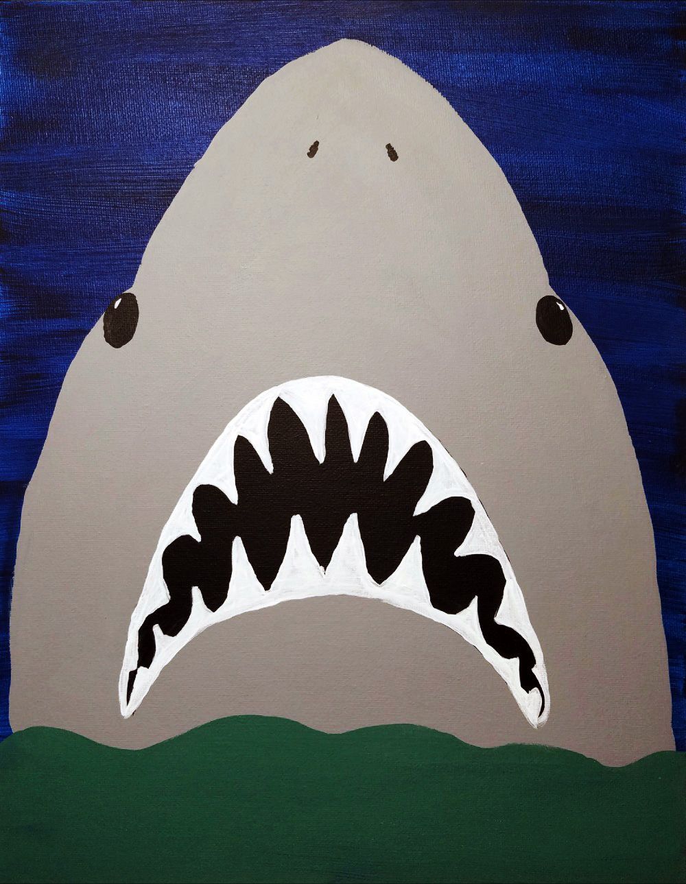 A painting of a shark with its mouth open