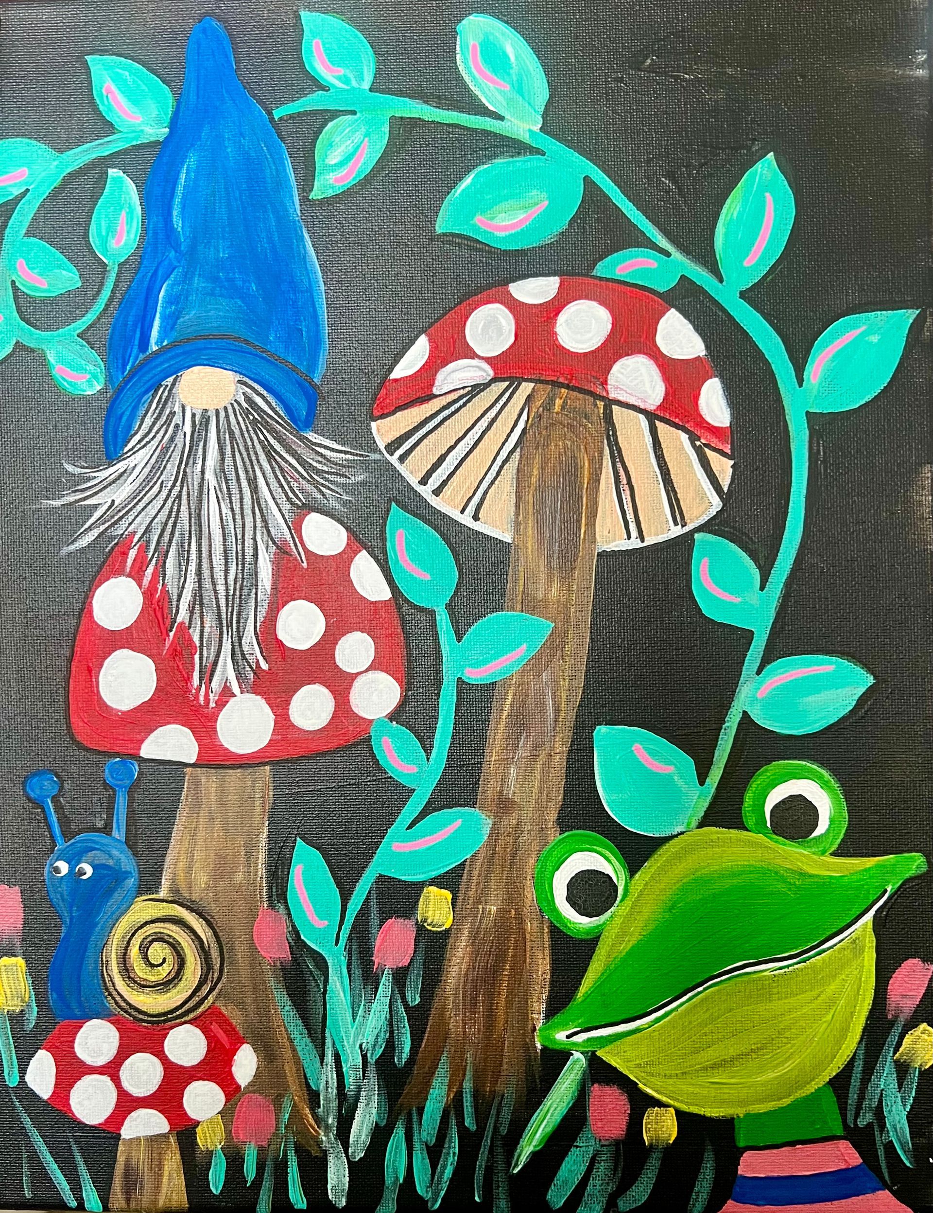A painting of gnomes frogs and mushrooms on a black background