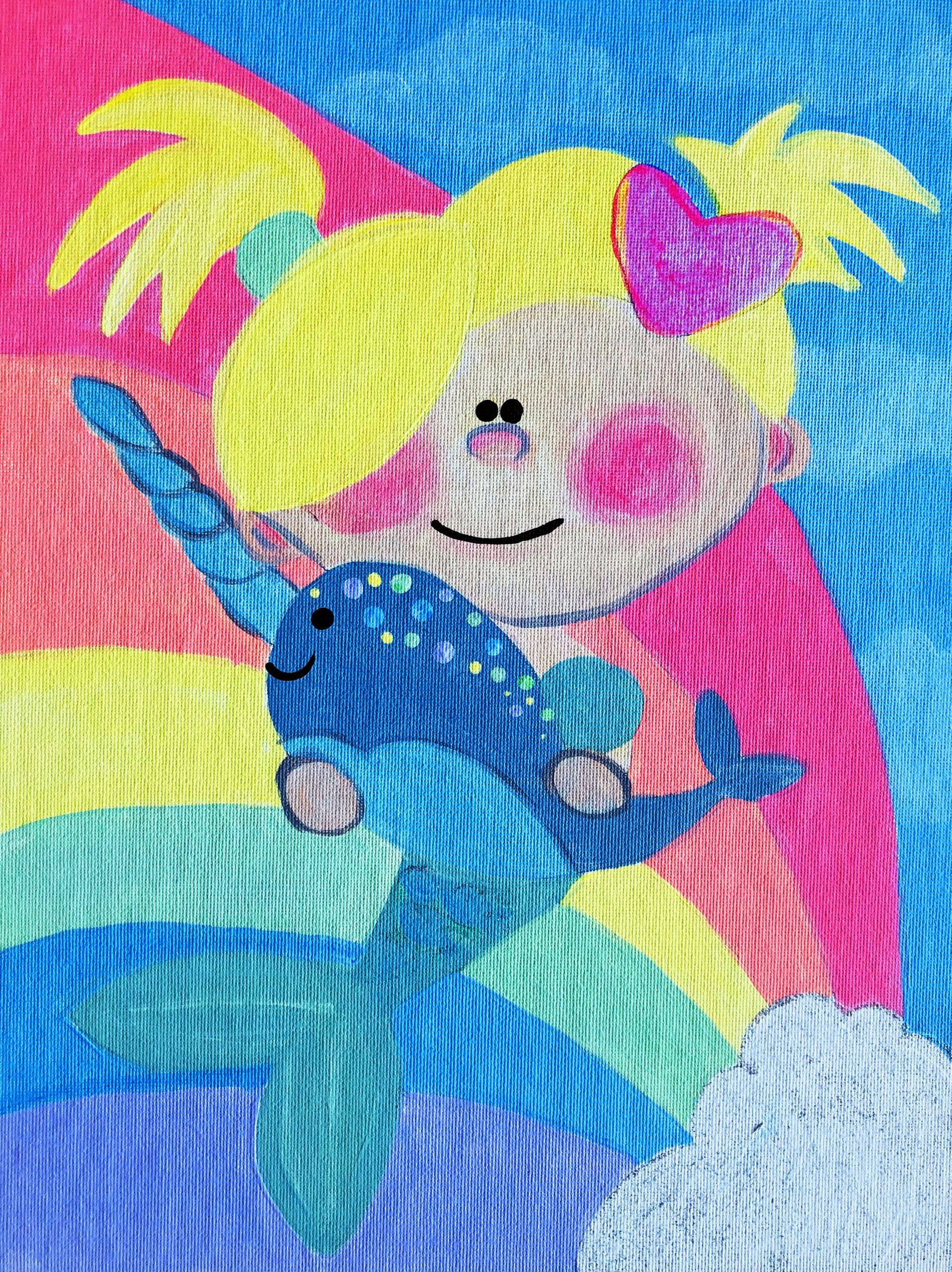 A drawing of a girl holding a narwhal in front of a rainbow