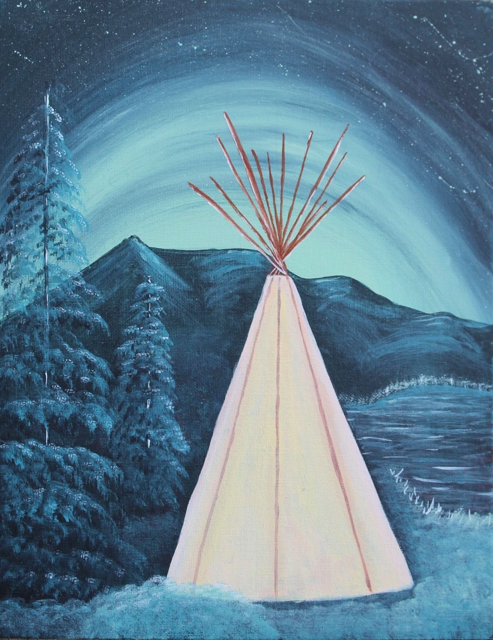 A painting of a teepee with mountains in the background