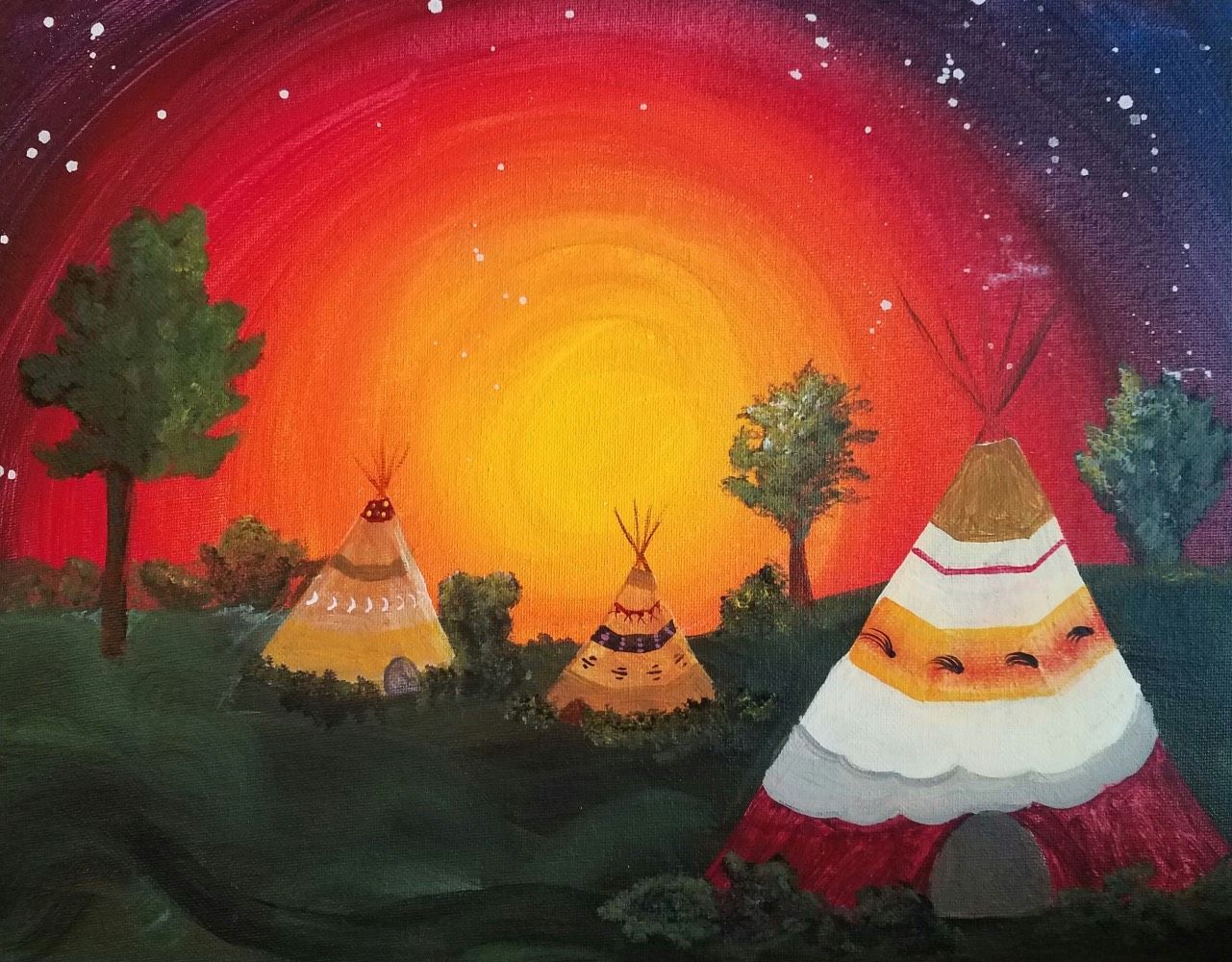 A painting of native american teepees at sunset