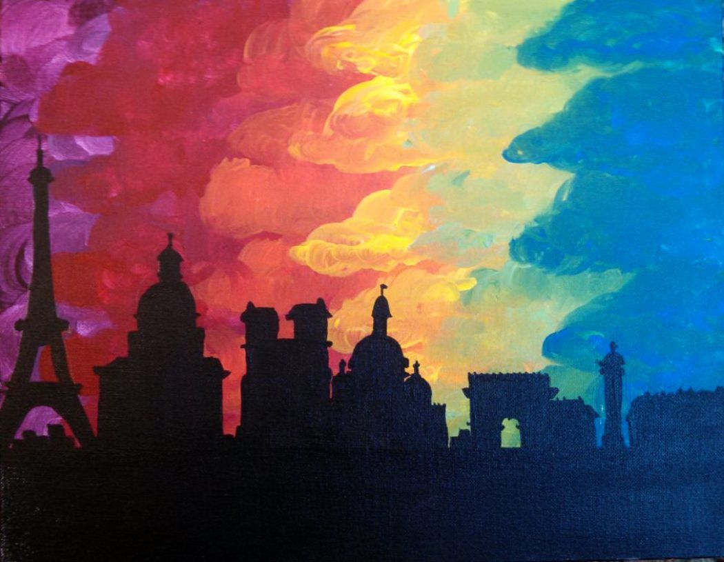 A painting of the skyline of paris with a rainbow sky in the background.
