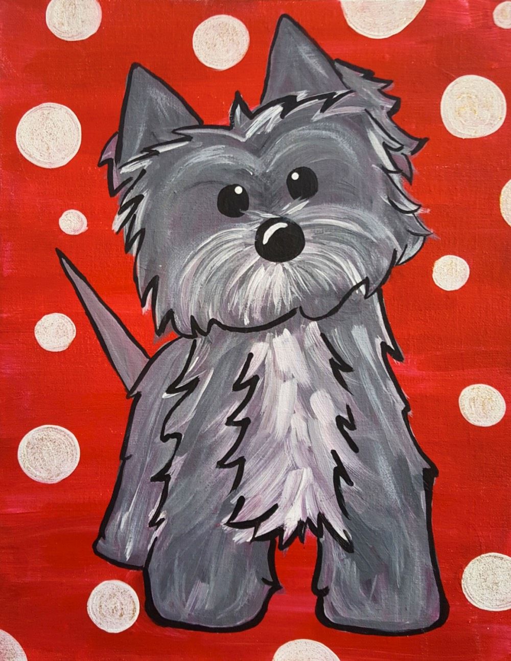 A painting of a dog on a red background with white polka dots