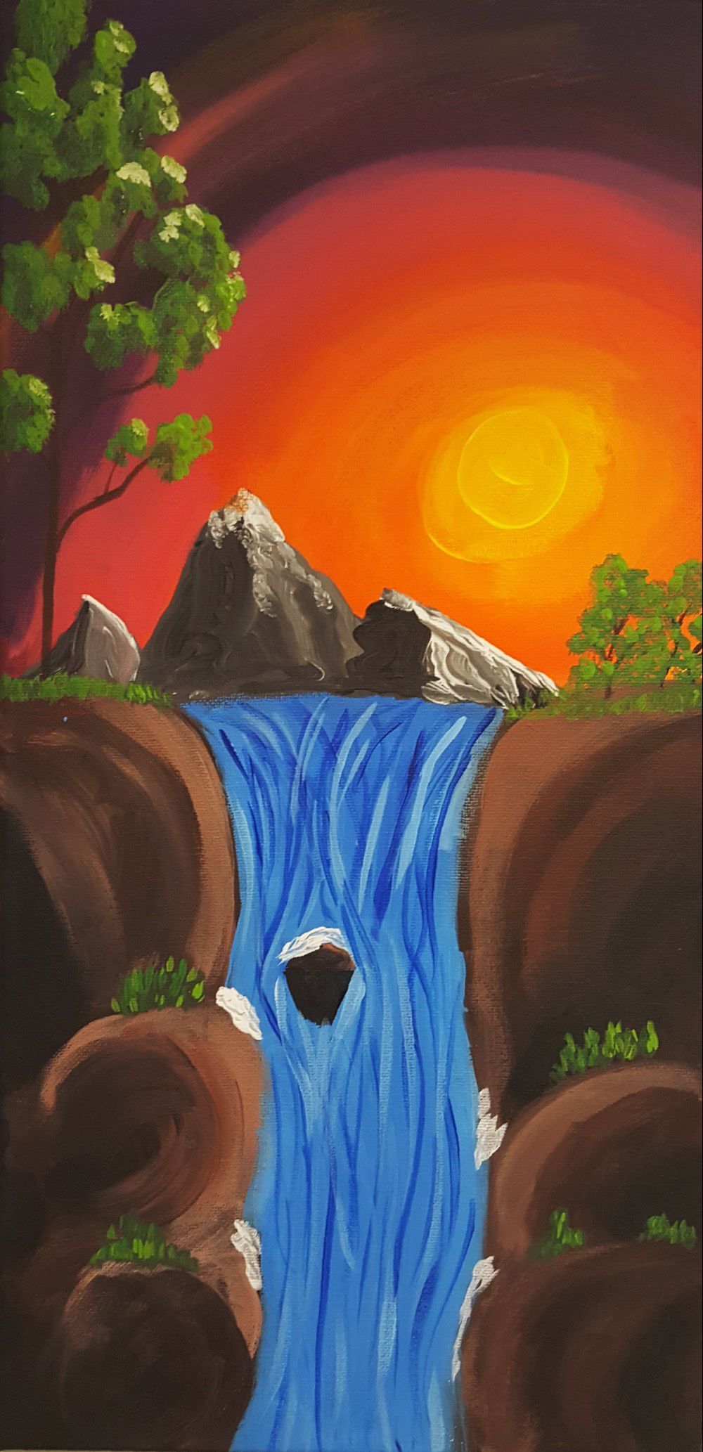 A painting of a waterfall with a sunset in the background
