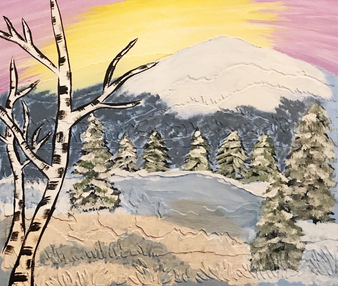 A painting of a snowy forest with trees and mountains in the background