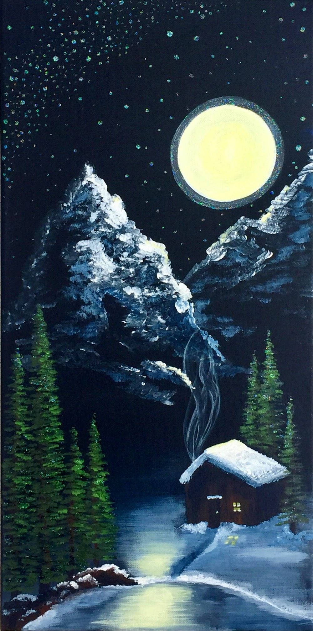 A painting of a cabin in the mountains at night with a full moon.