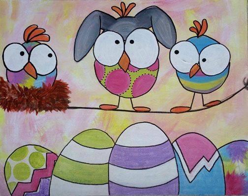 A painting of three birds and easter eggs