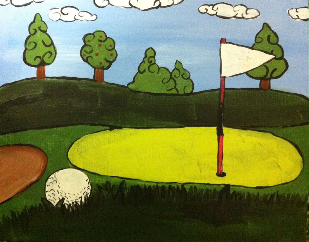A painting of a golf course with trees and clouds