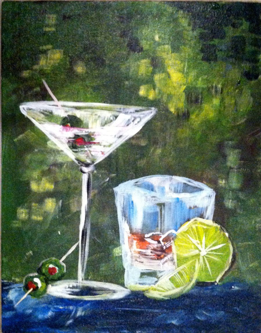 A painting of two martini glasses and a shot glass