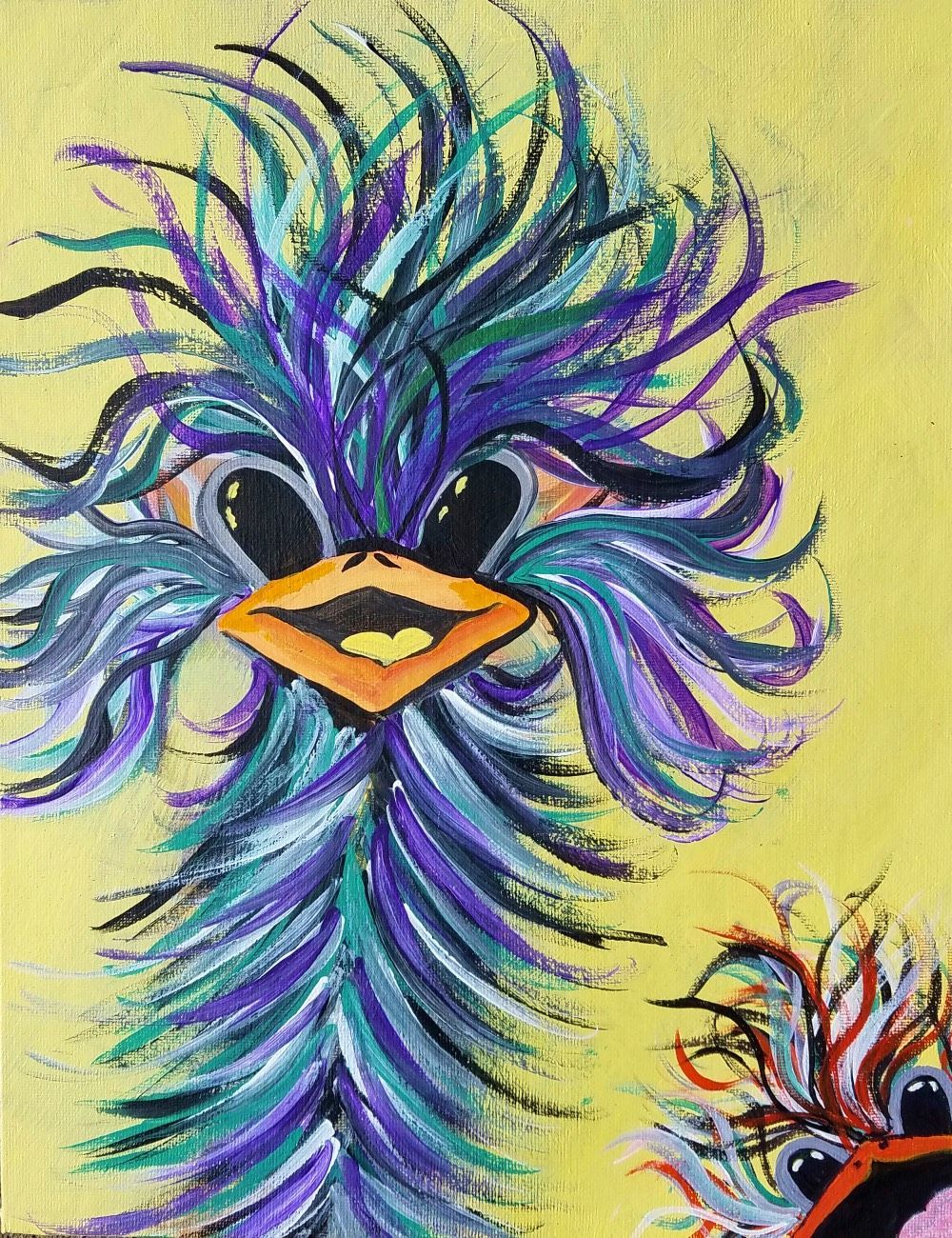 A painting of an ostrich with purple and blue feathers