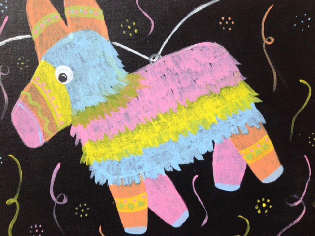 A painting of a colorful pinata on a black background