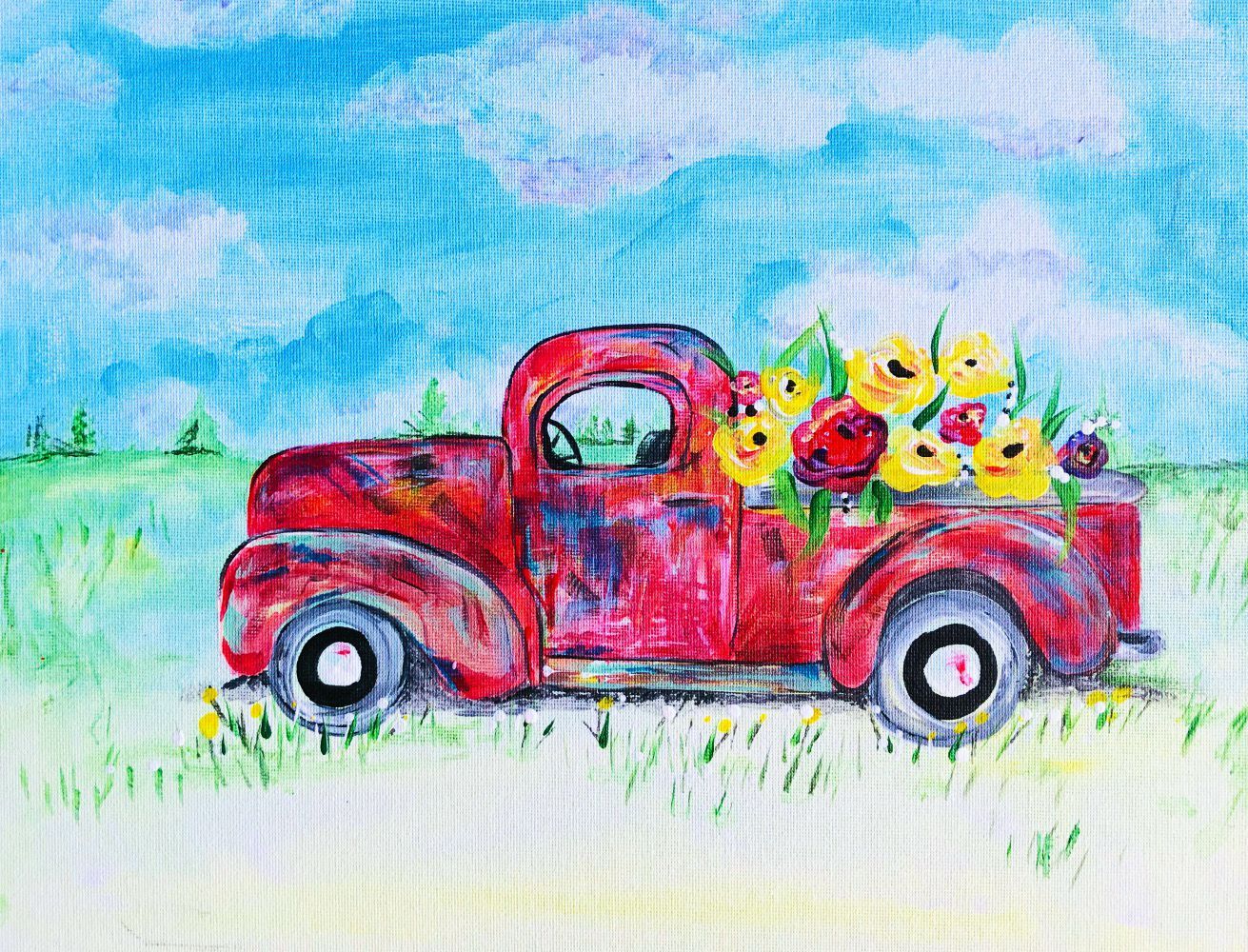 A painting of a red truck with flowers in the back.