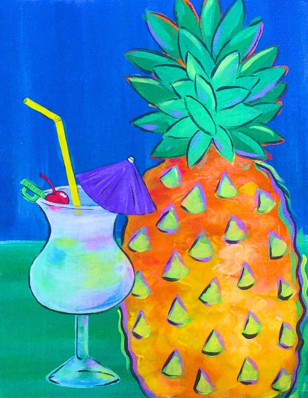A painting of a pineapple and a cocktail with an umbrella