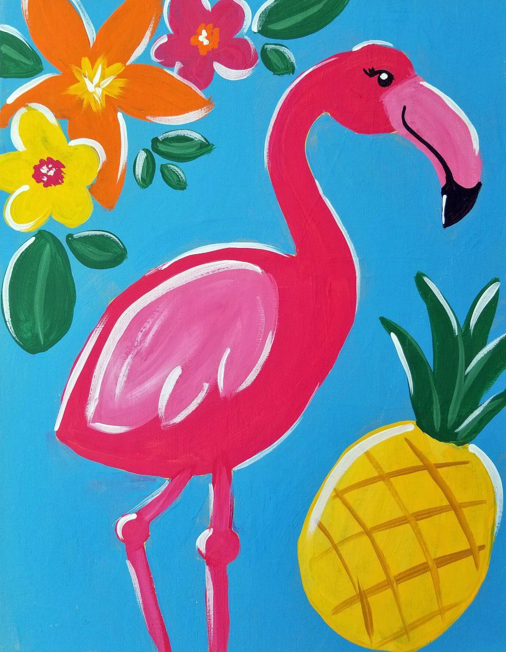 A pink flamingo is standing next to a pineapple and flowers
