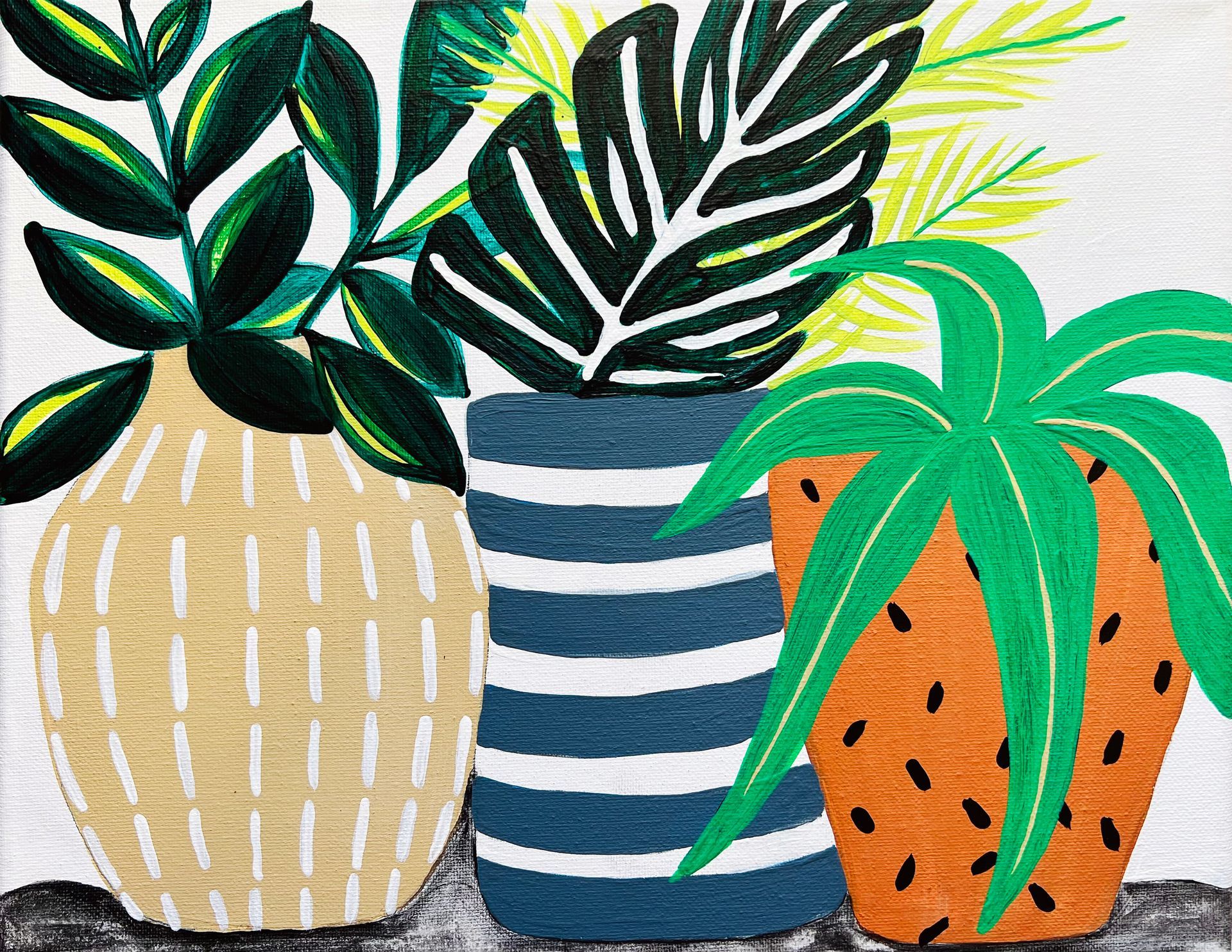 A painting of three potted plants on a table.