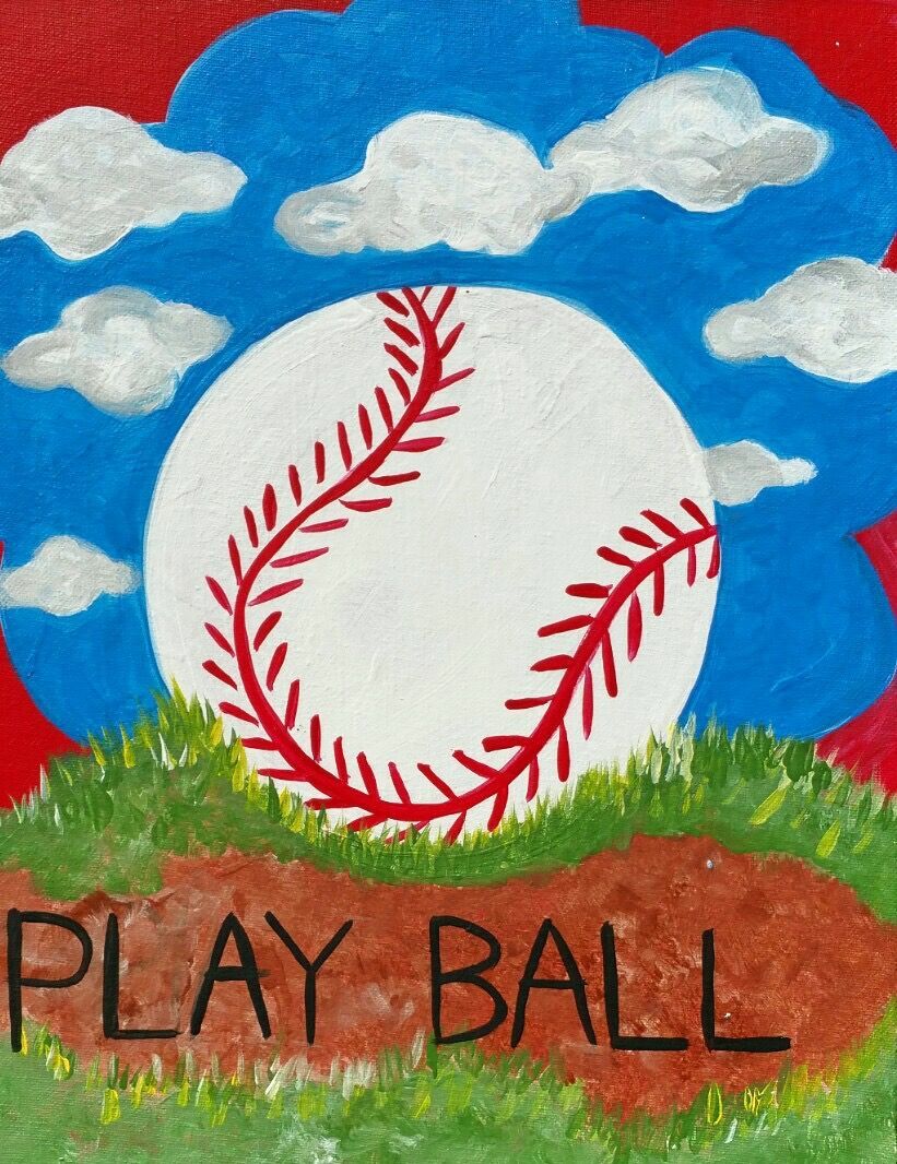 A painting of a baseball with the words play ball below it