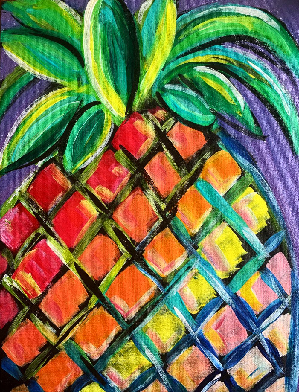 A colorful painting of a pineapple on a purple background.