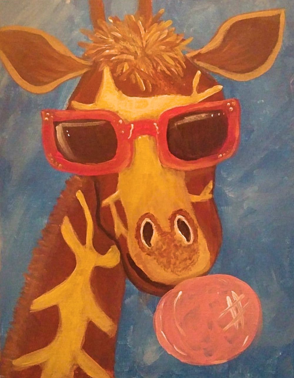 A giraffe wearing sunglasses is blowing a pink bubble gum.