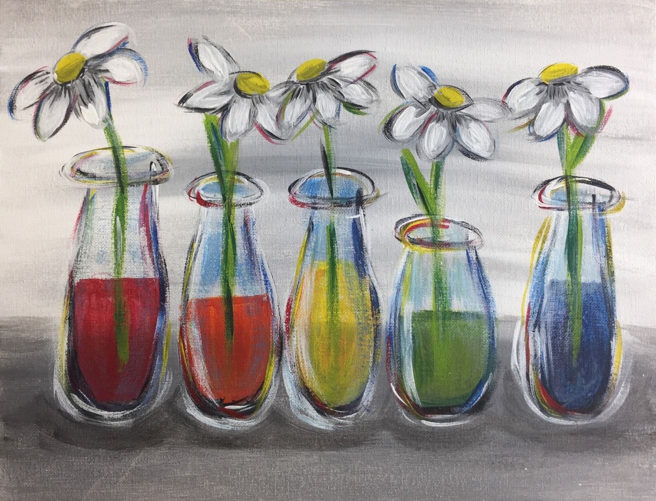 A painting of flowers in vases with different colors of liquid.