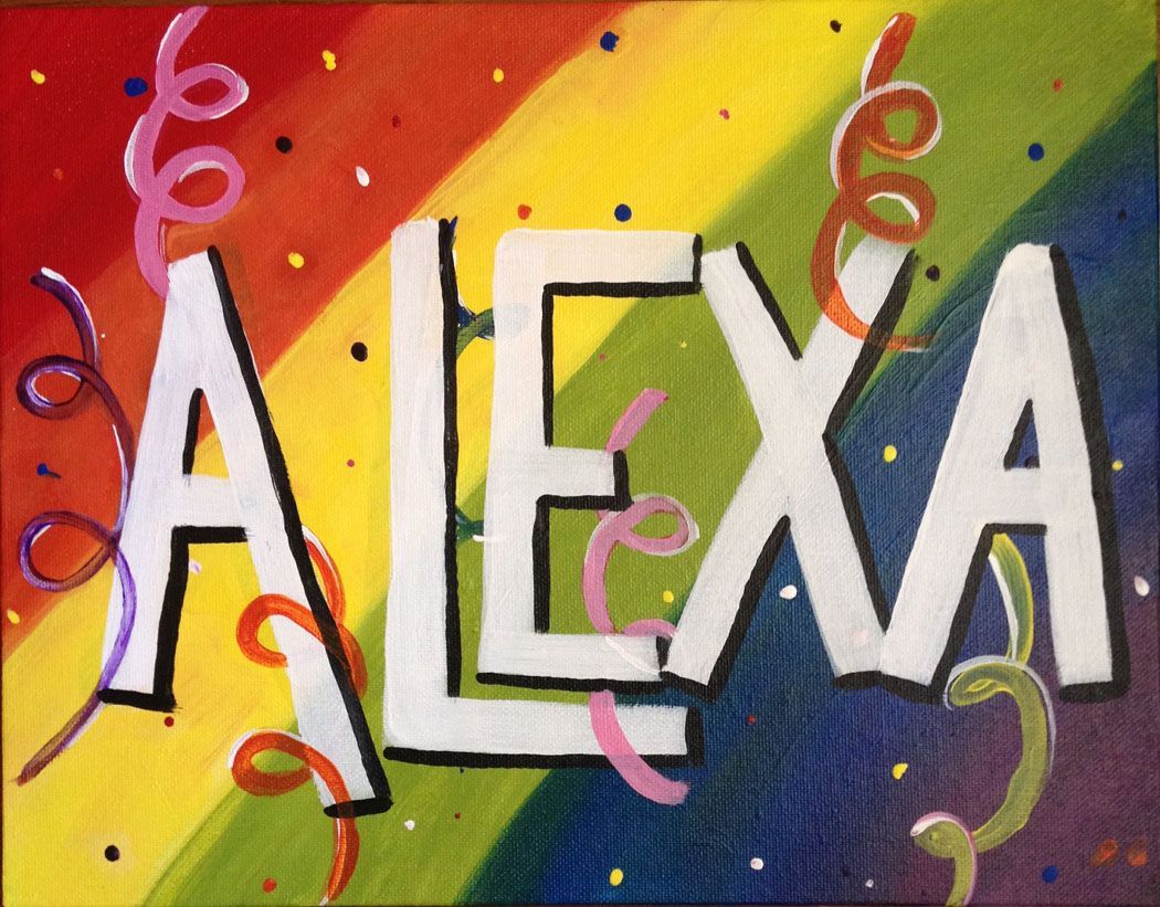 A painting of the name alexa on a colorful background