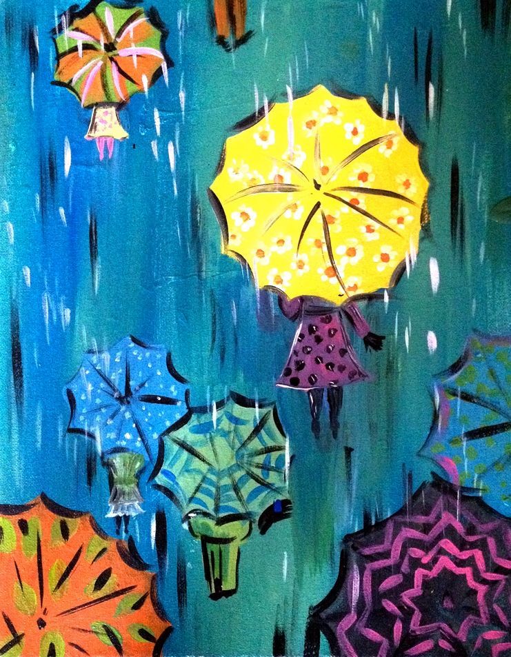 A painting of people holding umbrellas in the rain