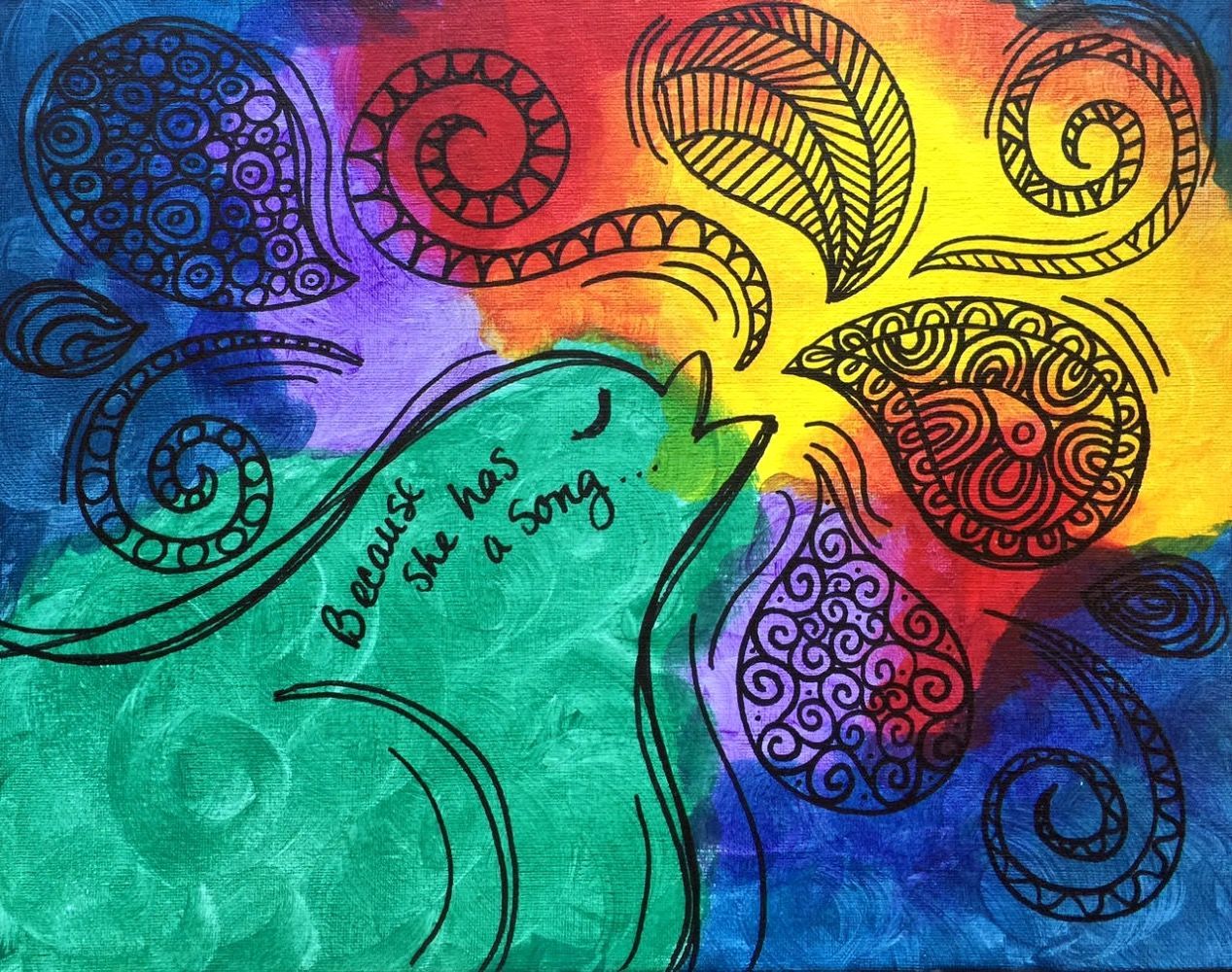 A colorful drawing with the words because she has a song written on it