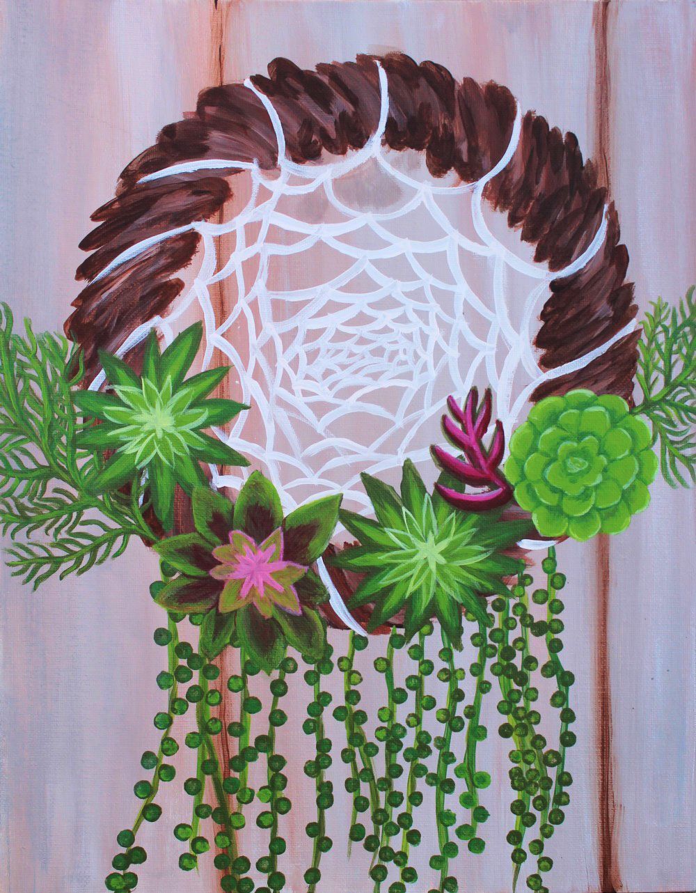 A painting of a dream catcher with flowers hanging from it