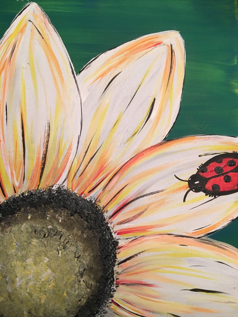 A painting of a sunflower with a ladybug on it