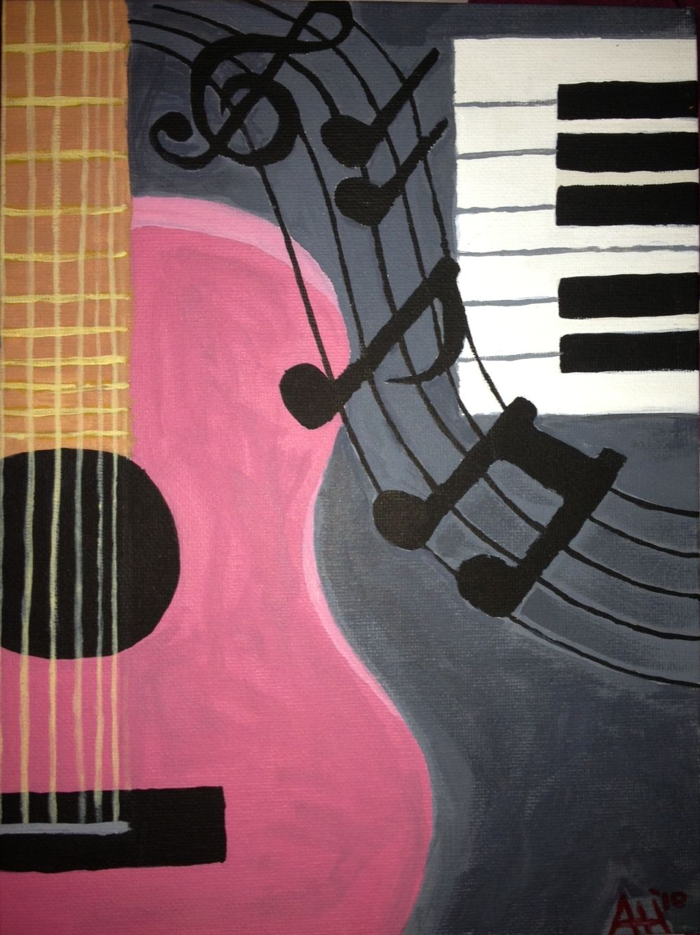 A painting of a guitar and piano with music notes