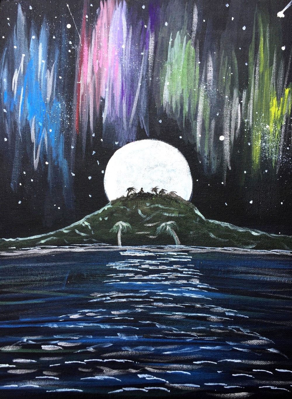 A painting of the aurora borealis over a body of water