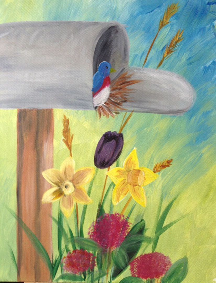 A painting of flowers and a bird in a mailbox