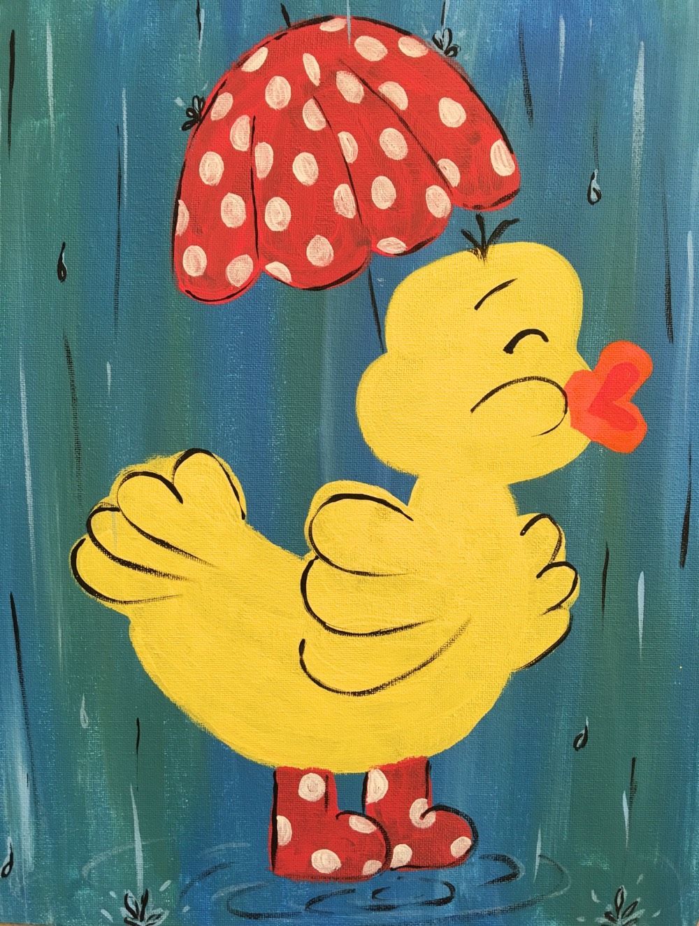 A painting of a duck holding an umbrella in the rain