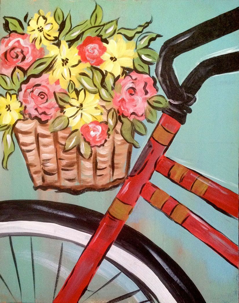 A painting of a bicycle with a basket full of flowers